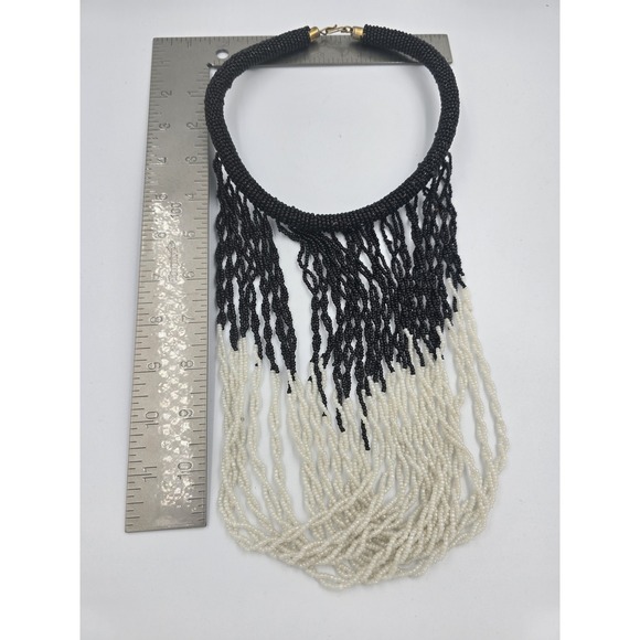 Vintage Tribal Style Seed Bead Waterfall Fringe Statement Necklace Black White - Picture 7 of 7